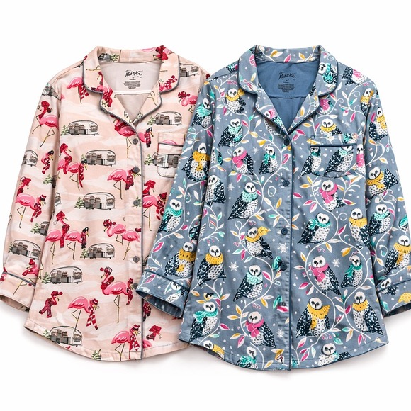Nick & Nora Other - Nick & Nora Flannel Pajama Tops Lot 2 Womens XL Owl RV Button Up Novelty